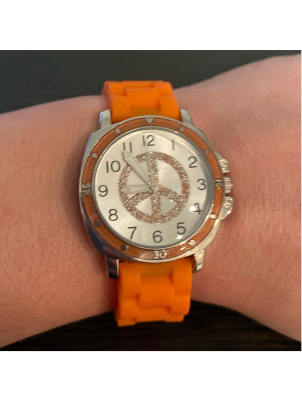 Y2K Justice stainless steel orange watch with peace sign in face ✌🏻 ☮️ // needs